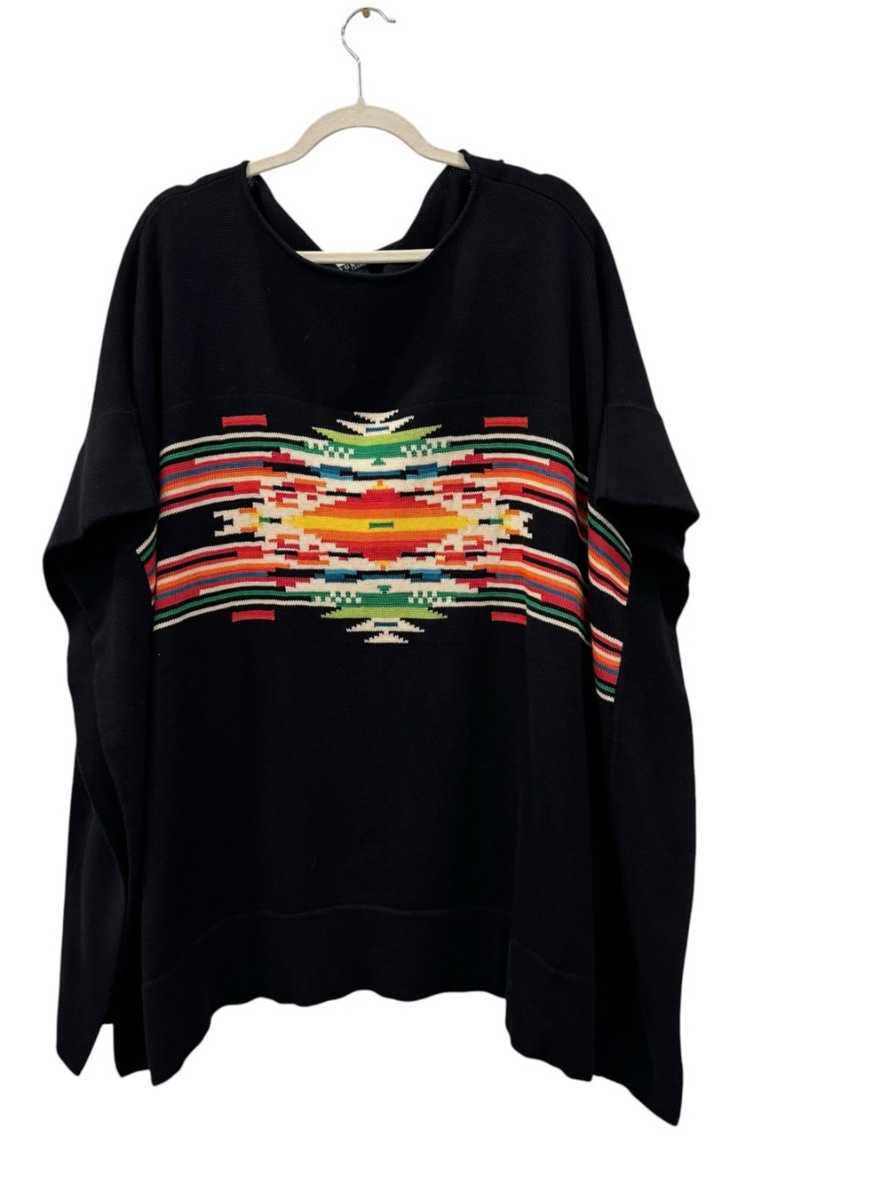 Lauren Ralph Lauren Southwestern Geometric Cotton Knit Poncho Black L/XL - Picture 8 of 8